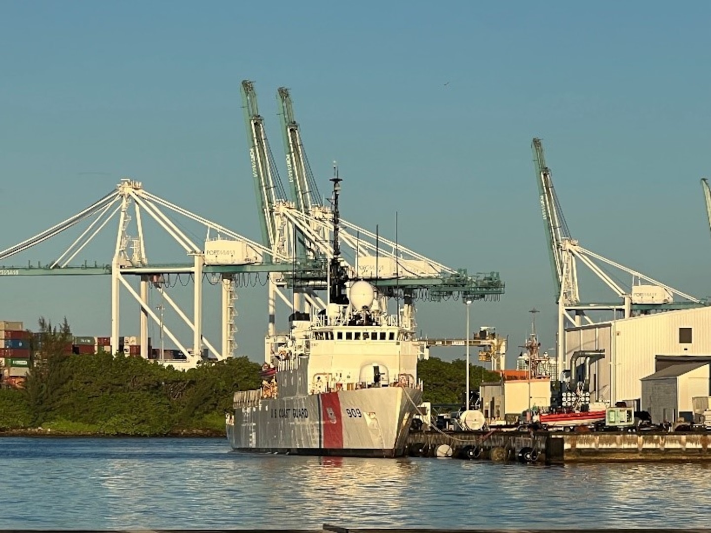 Coast Guard Cutter Campbell (WMEC 909) is moored to the pier, June 26, 2024, during a port-of-call in Miami, Florida. Campbell’s crew conducted a 73-day deployment to conduct maritime safety and security missions in the Windward Passage. (U.S. Coast Guard photo by Cmdr. Jonathan R. Harris)