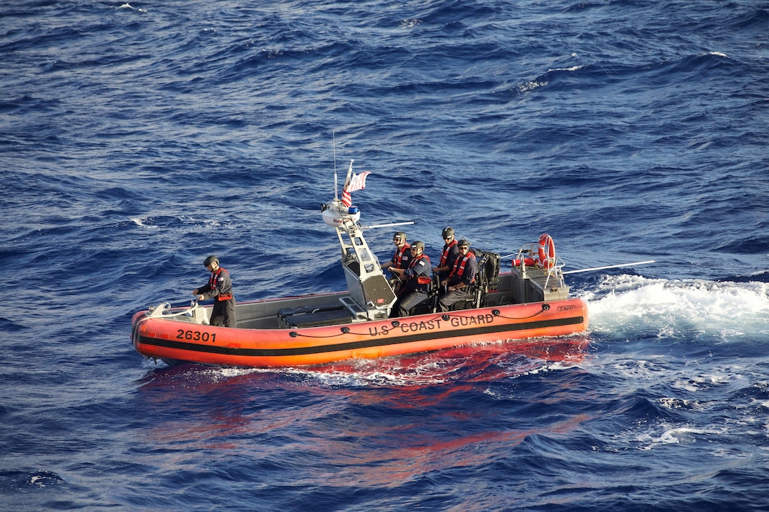 A Coast Guard Cutter Campbell (WMEC 909) small boat crew conducts at-sea training aboard a 26’ over-the-horizon cutter boat, Aug. 13, 2024, while underway in the Windward Passage. Campbell’s crew deployed for a 73-day patrol to conduct maritime safety and security missions in the region. (U.S. Coast Guard photo by Master Chief Petty Officer Robert Zergman)