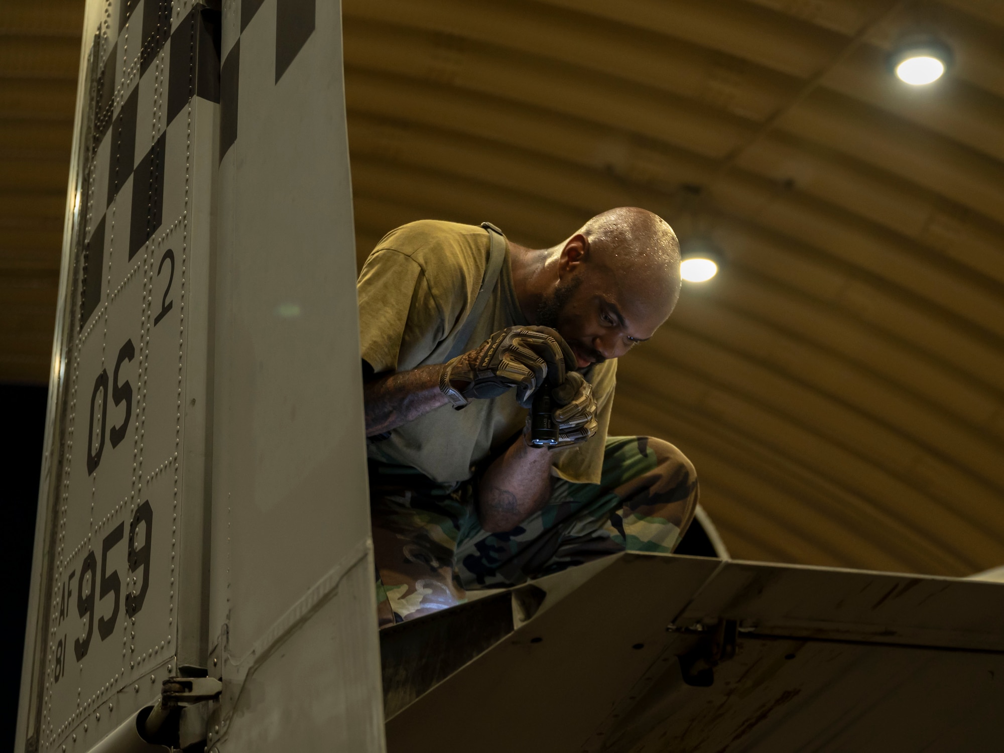 U.S. Air Force Staff Sgt. Trevion Bass, 25th Fighter Generation Squadron dedicated crew chief, inspects the tail wing on an A-10 Thunderbolt II during Ulchi Freedom Shield 24, at Osan Air Base, Republic of Korea, Aug. 22, 2024. This combined exercise highlights the U.S. ironclad commitment to the alliance in building a robust defense posture to defend the people of the ROK against a spectrum of security threats. (U.S. Air Force photo by Senior Airman Sabrina Fuller-Judd)