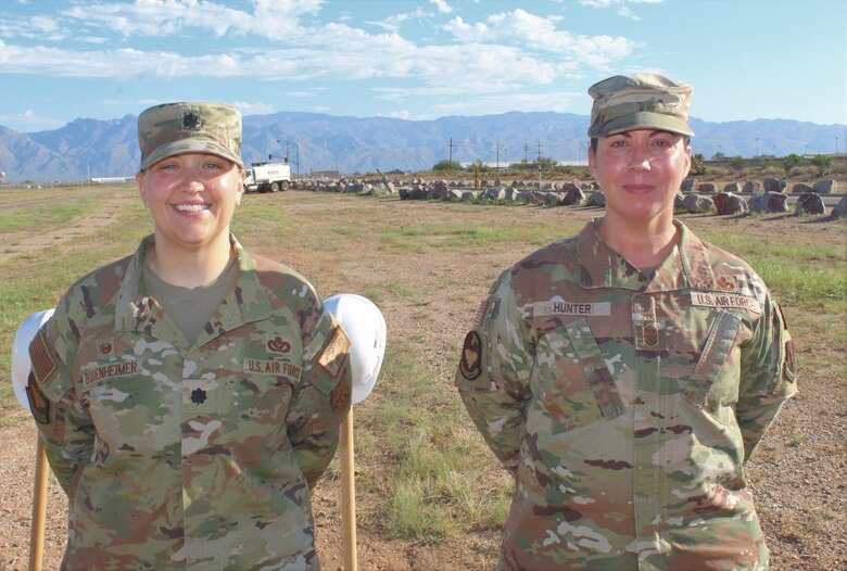 Senior leaders of the 355th Civil Engineer Squadron, Air Force Lt. Col Sarah Bodenheimer and Chief Master Sgt. Heidi Hunter, pose for a photo following the new South Wilmot Gate project groundbreaking ceremony Aug. 23 at Davis-Monthan Air Force Base in Arizona. The Air Force Civil Engineers and U.S. Army Corps of Engineers coordinate closely to solve the nation’s toughest engineering challenges. The Los Angeles District supports the 355th CES through construction and engineering projects that support mission readiness.