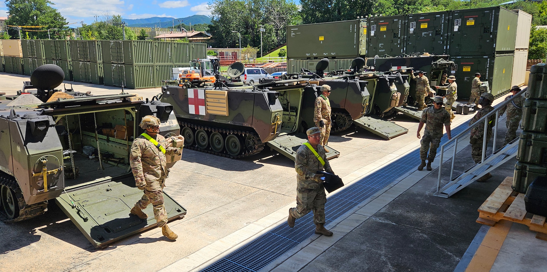 Soldiers with the 4th Battalion, 70th Armor Regiment, 1st Brigade Combat Team, 1st Armored Division, out of Fort Bliss, Texas, begin medical set return and retrograde operations at the Army Prepositioned Stocks in Korea, known as APS-4K, during Operation Pacific Fortitude.