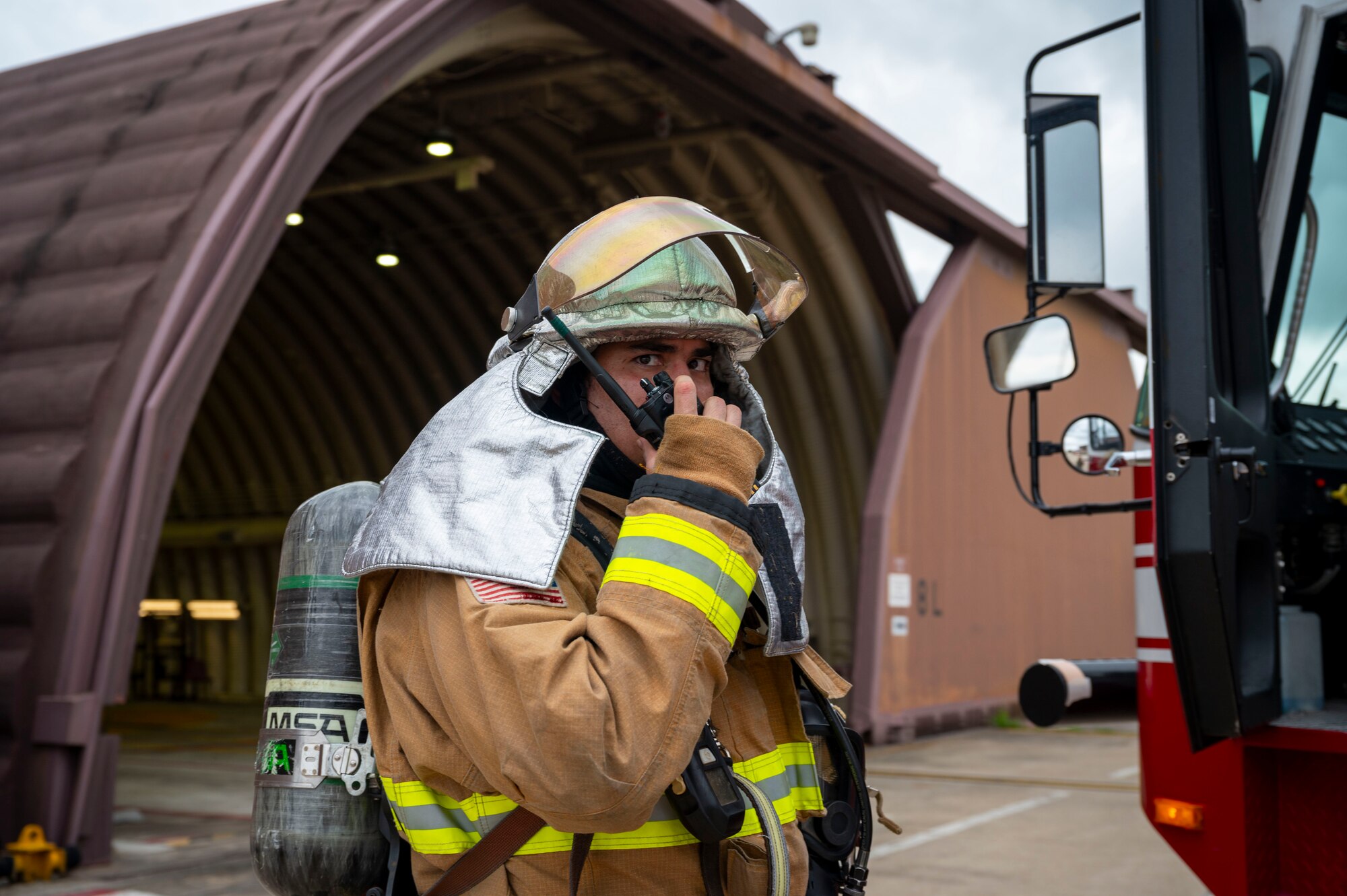 A U.S. Air Force Airman assigned to the 51st Civil Engineer Squadron responds to a simulated aircraft fire during Ulchi Freedom Shield 24 at Osan Air Base, Republic of Korea, Aug. 22, 2024. This combined exercise highlights the U.S. and Member States ironclad commitment to the alliance in building a robust defense posture to defend the people of the ROK against a spectrum of security threats. UFS24 incorporated large-scale, live fire events for the first time in recent history in order to strengthen interoperability and increase combat readiness of U.S. and allied forces on the Korean peninsula.  (U.S. Air Force photo by Senior Airman Kaitlin Frazier)