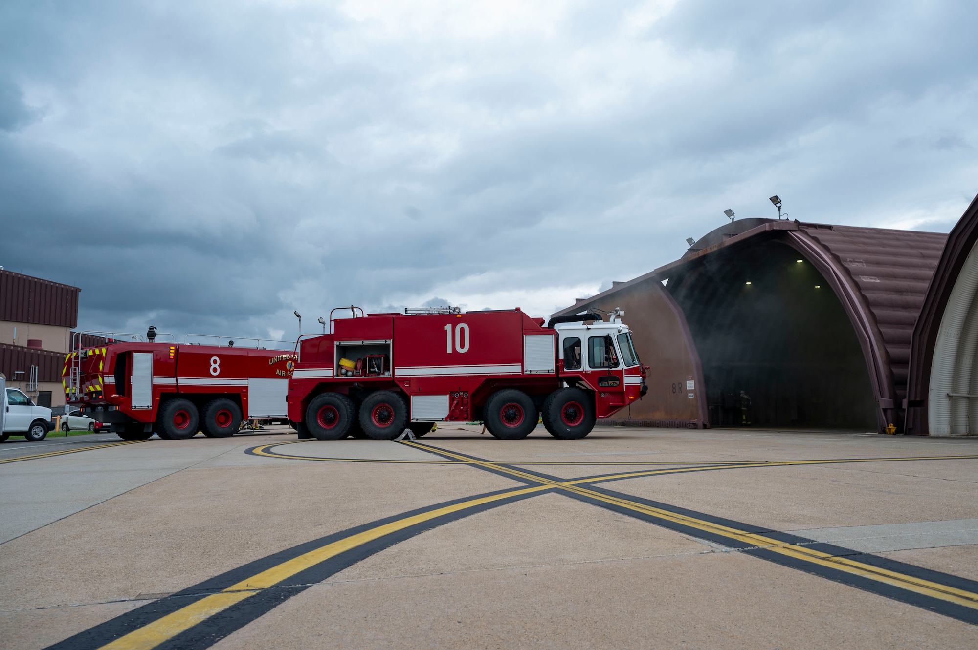 U.S. Air Force Airmen assigned to the 51st Civil Engineer Squadron respond to a simulated aircraft fire during Ulchi Freedom Shield 24 at Osan Air Base, Republic of Korea, Aug. 22, 2024. The fire department operates a single-engine company and three aircraft rescue, firefighting vehicles for primary response. Training events like UFS 24 demonstrate the 51st Fighter Wing’s commitment to the ROK and reinforce regional stability within the U.S. Indo-Pacific Command. (U.S. Air Force photo by Senior Airman Kaitlin Frazier)