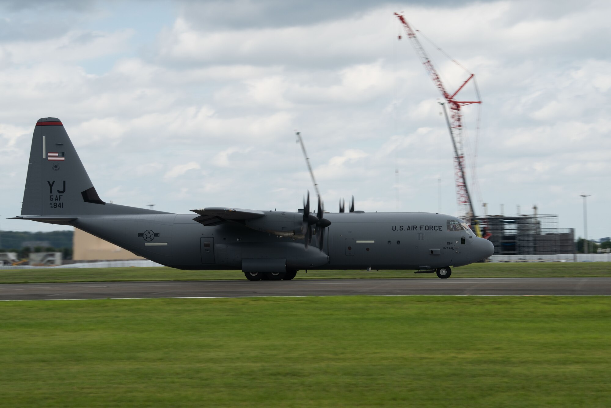 A C-130J Super Hercules prepares for takeoff at Yokota.