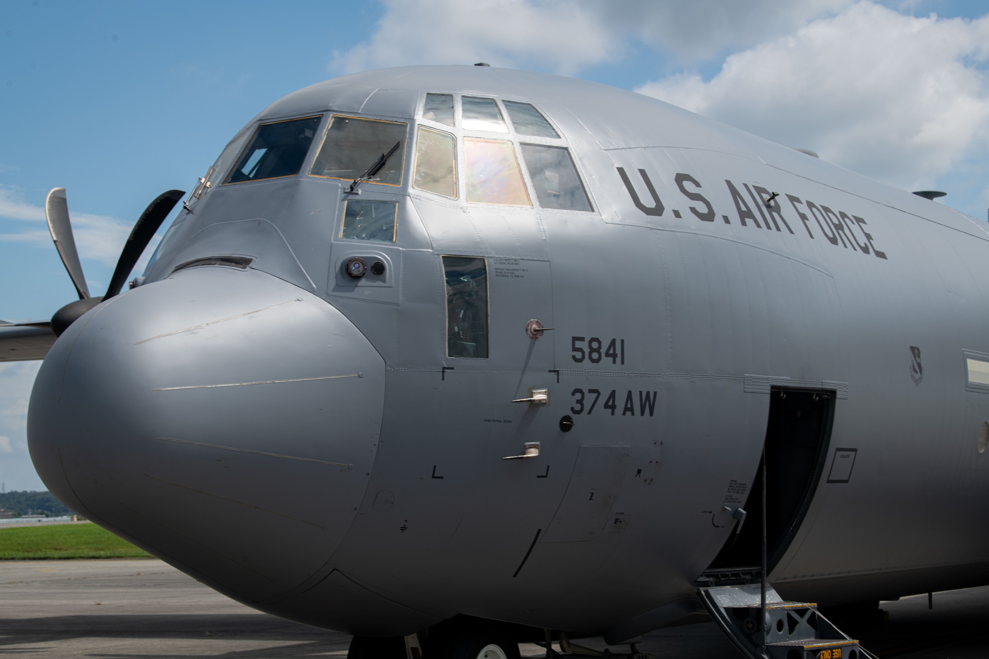 A C-130J Super Hercules sits on the flightline at Yokota.