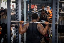 A U.S. Airman competes in a weightlifting competition during Wing Sports Day at Misawa Air Base.