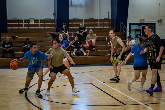 U.S. Airmen compete in a basketball game  during Wing Sports Day at Misawa Air Base.