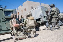 Tactical Air Control Party Airmen with the 124th Air Support Operations Squadron, Idaho Air National Guard, and members of the German Bundeswehr practice medevac procedures at the Orchard Combat Training Center, Boise, Idaho, Aug. 28, 2024.