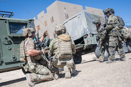 Tactical Air Control Party Airmen with the 124th Air Support Operations Squadron, Idaho Air National Guard, and members of the German Bundeswehr practice medevac procedures at the Orchard Combat Training Center, Boise, Idaho, Aug. 28, 2024.