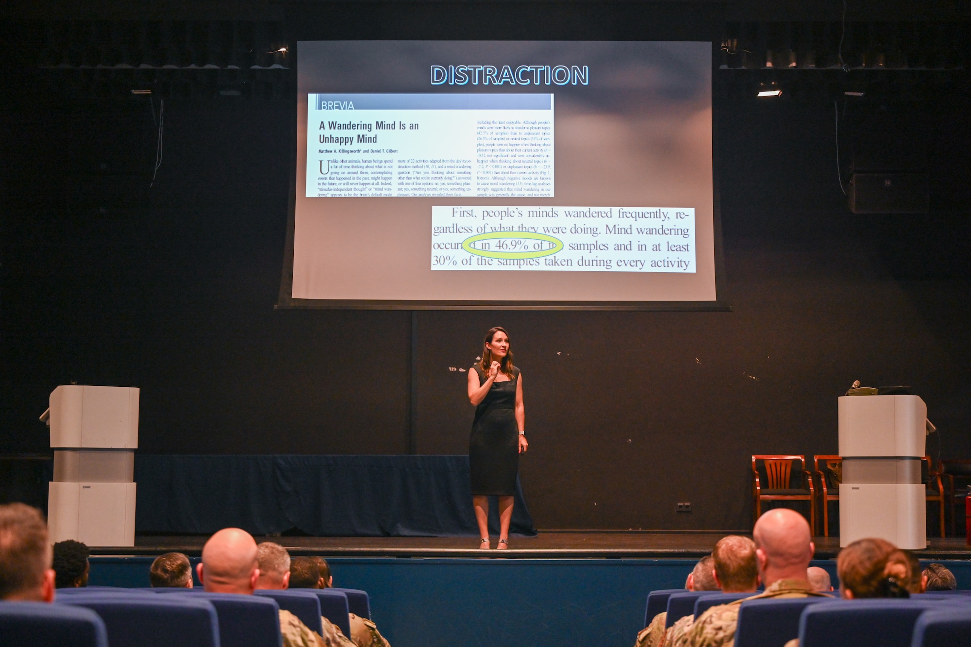 Dr. Jannell MacAulay, a strategic health and human performance specialist, gives a Warrior Heart keynote speech to Airmen assigned to the 521st Air Mobility Operations Wing, August 29, 2024, at the Herc Theater on Ramstein Air Base, Germany.