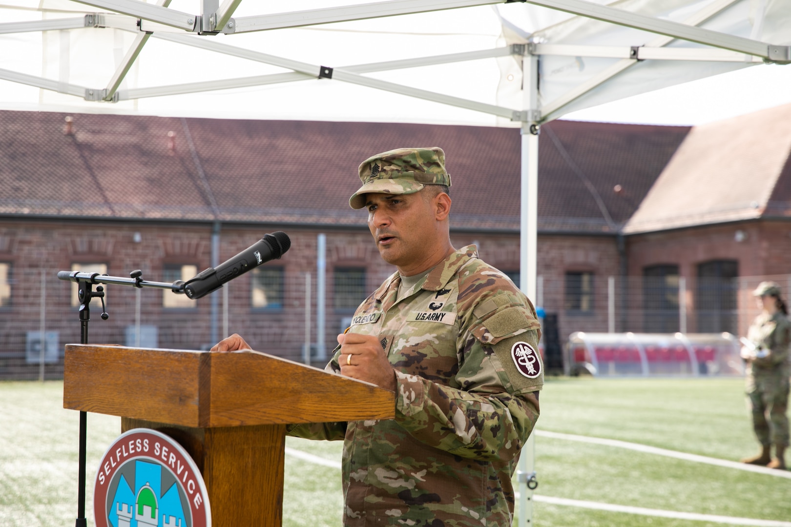 Command Sgt. Maj. Jorge Oquendo provides remarks at the LRMC change of responsibility ceremony, Aug. 29.