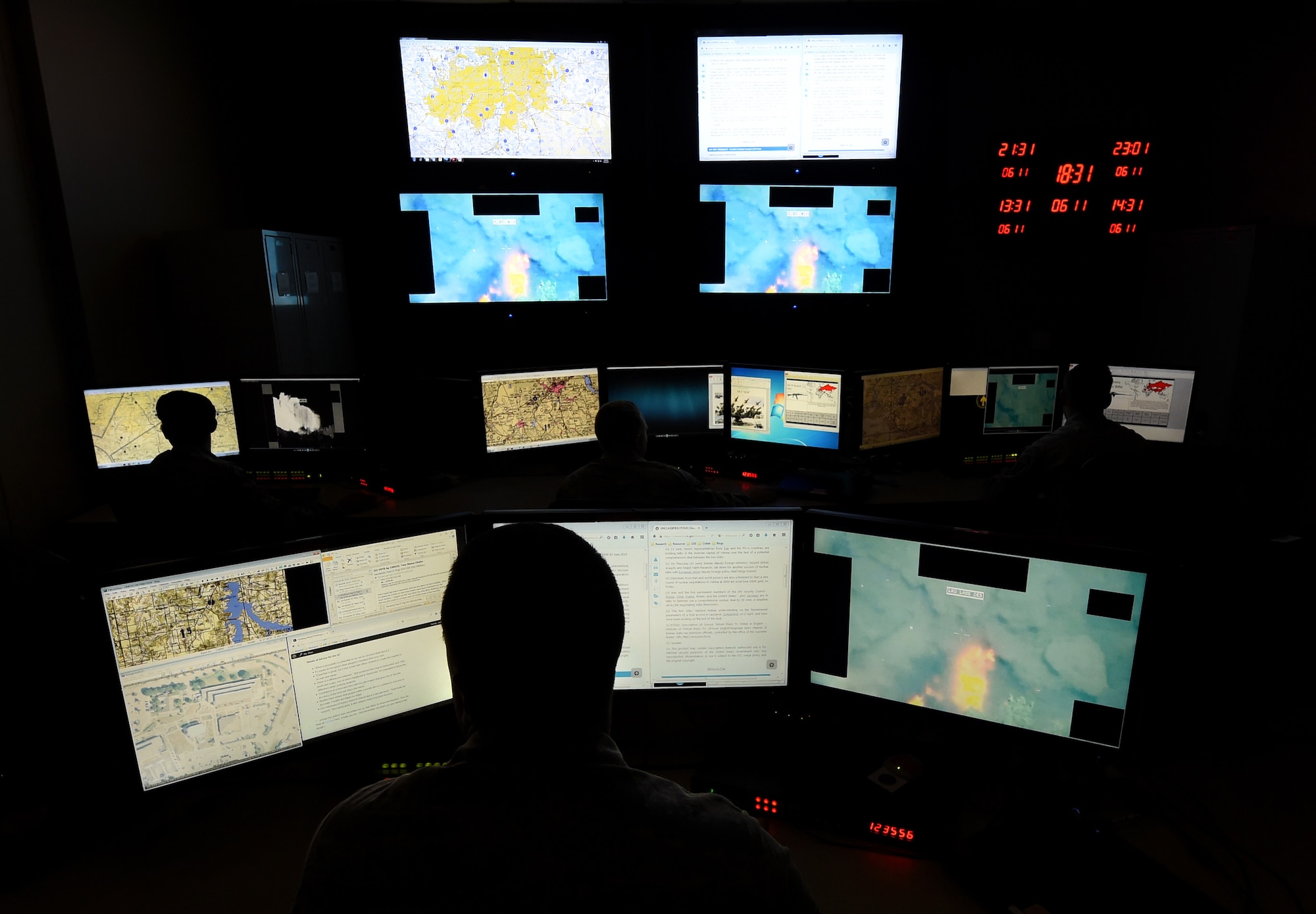 This photo from 2015 depicts Airmen assigned to the 11th Intelligence Squadron (IS) reviewing data prior to a full-motion video exploitation mission on Hurlburt Field, Fla., similar to some of the work conducted by members of the 655th Intelligence, Surveillance and Reconnaissance (ISR) Wing during their participation in Exercise Bamboo Eagle Aug. 2-10. U.S. Reserve Airmen from the 755th ISR Group at Joint Base Langley-Eustis joined the 3,000 service members who took part in the exercise to improve and refine readiness through complex, large-scale military operations against high-end threats on short notice. (U.S. Air Force Photo by Airman Kai White) (Portions of this image were blurred for security or privacy concerns)
