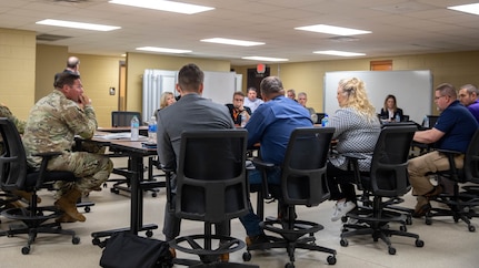 U.S. Sen. James Lankford meets with Oklahoma National Guard leaders and other members of the Oklahoma Advanced Air-mobility innovation group following a demonstration from the Oklahoma National Guard’s Counter UAS school to discuss the unique capabilities at Camp Gruber Training Center, Aug. 22, 2024. The Oklahoma National Guard partnered to establish this working group to integrate unmanned systems support and capabilities across multiple domains including domestic response. Organizations in attendance include tribal, state, higher education, emergency management, and aerospace industry partners. The OKNG’s UAS initiatives relate to both the federal and state National Guard missions including survivability on the battlefield of the future as well as domestic response in the homeland. (Oklahoma National Guard photo by Sgt. Haden Tolbert)