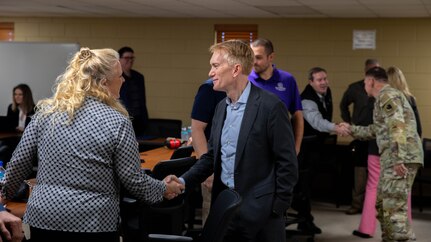 U.S. Sen. James Lankford meets with Oklahoma National Guard leaders and other members of the Oklahoma Advanced Air-mobility innovation group following a demonstration from the Oklahoma National Guard’s Counter UAS school to discuss the unique capabilities at Camp Gruber Training Center, Aug. 22, 2024. The Oklahoma National Guard partnered to establish this working group to integrate unmanned systems support and capabilities across multiple domains including domestic response. Organizations in attendance include tribal, state, higher education, emergency management, and aerospace industry partners. The OKNG’s UAS initiatives relate to both the federal and state National Guard missions including survivability on the battlefield of the future as well as domestic response in the homeland. (Oklahoma National Guard photo by Sgt. Haden Tolbert)