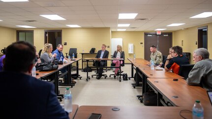 U.S. Sen. James Lankford meets with Oklahoma National Guard leaders and other members of the Oklahoma Advanced Air-mobility innovation group following a demonstration from the Oklahoma National Guard’s Counter UAS school to discuss the unique capabilities at Camp Gruber Training Center, Aug. 22, 2024. The Oklahoma National Guard partnered to establish this working group to integrate unmanned systems support and capabilities across multiple domains including domestic response. Organizations in attendance include tribal, state, higher education, emergency management, and aerospace industry partners. The OKNG’s UAS initiatives relate to both the federal and state National Guard missions including survivability on the battlefield of the future as well as domestic response in the homeland. (Oklahoma National Guard photo by Sgt. Haden Tolbert)