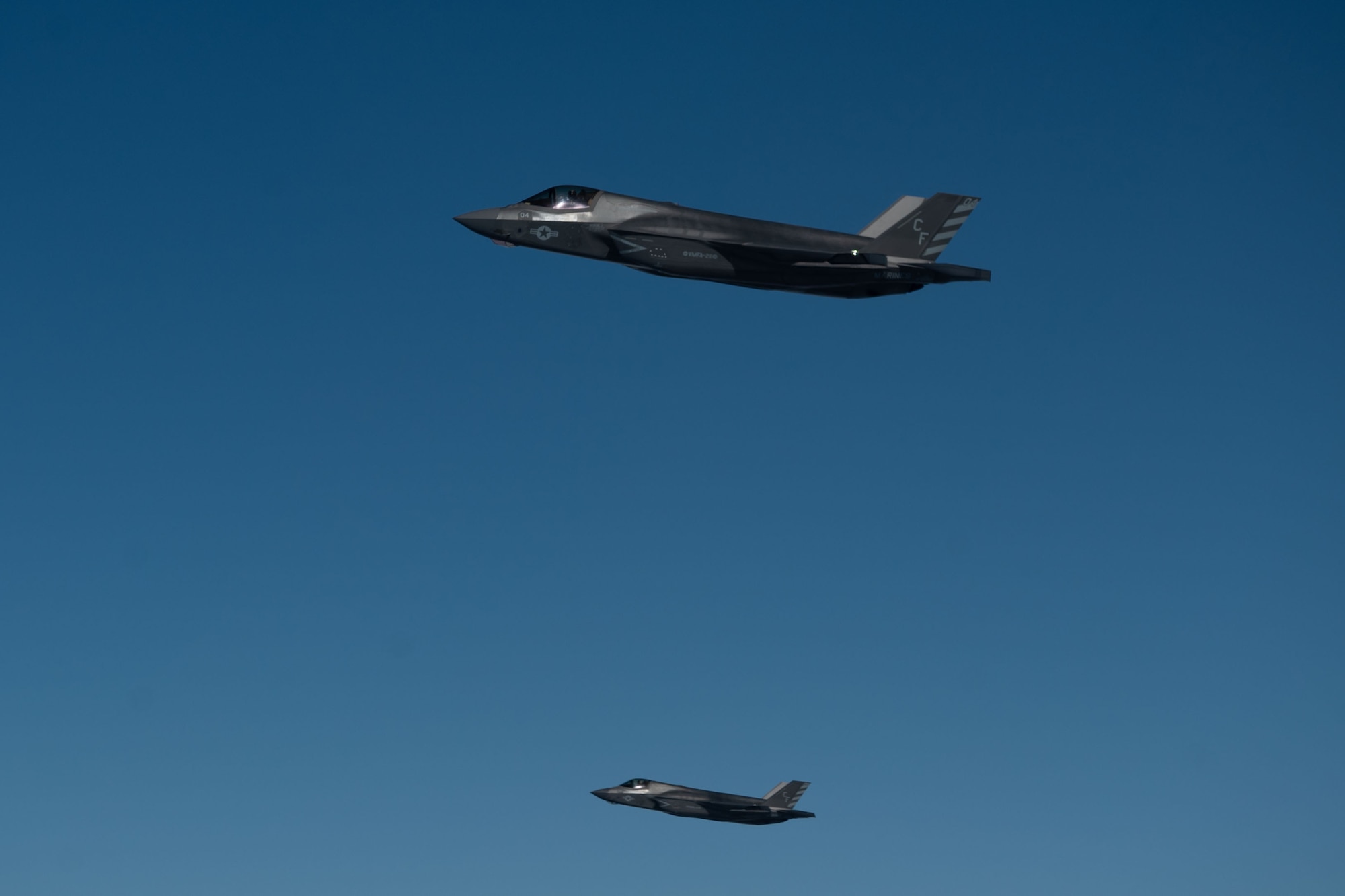 U.S. Marine F-35B Lightning IIs assigned to Marine Fighter Attack Squadron 211 participate in exercise Bamboo Eagle 24-3 with 32nd Air Refueling Squadron air crews over the Pacific Ocean, Aug. 8, 2024. As part of the 305th Air Mobility Wing, the 32nd ARS operates the KC-46 Pegasus aircraft conducting air refueling missions necessary to support air mobility missions on a global scale. During BE 24-3, Air Mobility Command assets supported warfighters implementing all-domain combat-power generation from disaggregated basing locations throughout the western part of the U.S., along with distributed command and control, agile logistics and tactical air-to-air refueling. Bamboo Eagle provides participating units opportunities to highlight Air Force efforts to reoptimize for Great Power Competition and to focus on mission readiness to deliver cross-functional and lethal combat capabilities with the speed and agility required to meet pacing challenges. (U.S. Air Force photo by Staff Sgt. Monica Roybal)