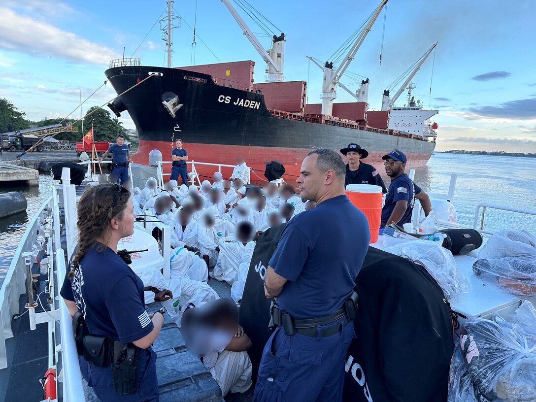 The crew of Coast Guard Cutter Joseph Tezanos transfers 109 migrants to Dominican Republic Navy authorities in San Pedro de Macoris, Dominican Republic, Aug. 28, 2024.  The migrants were interdicted in two separate unlawful maritime migration voyages in Mona Passage waters northwest of Aguadilla, Puerto Rico. (U.S. Coast Guard photo)