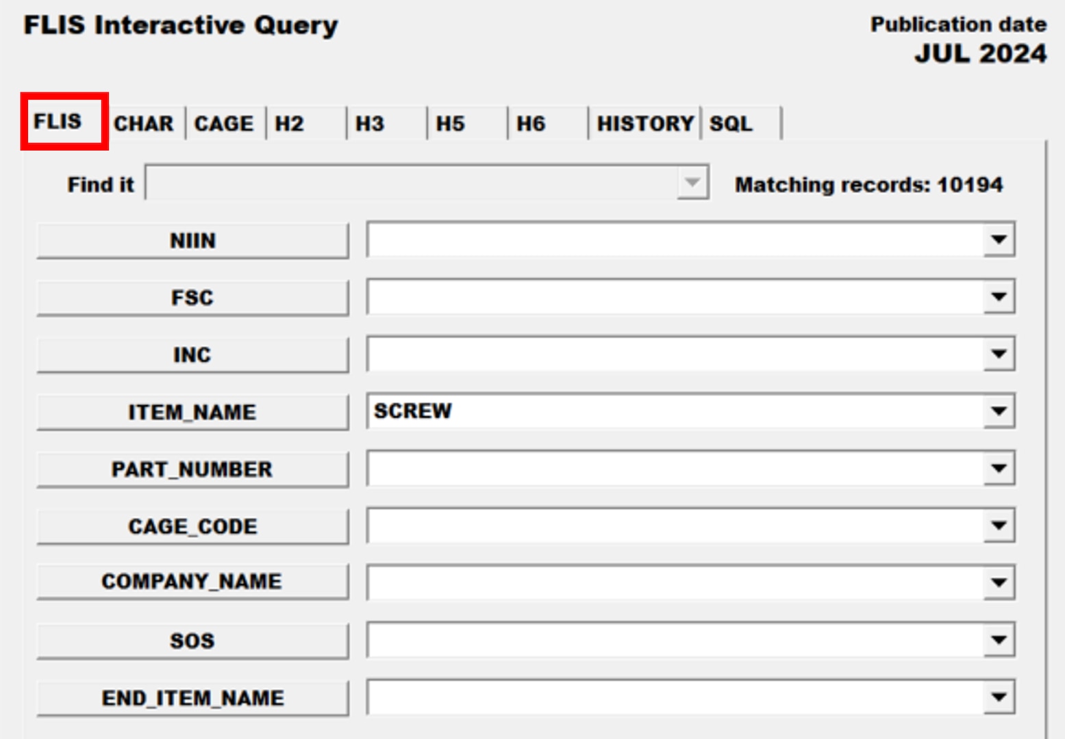 Pub Log FLIS screenshot of FLIS Interactive Query tab able to search for a specific National Stock Number item.
