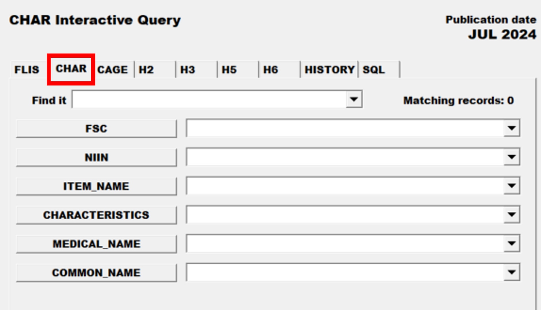 Pub Log FLIS screenshot of CHAR (Characteristics) Interactive Query tab able to search for a specific National Stock Number item.