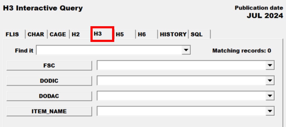 Pub Log FLIS screenshot of H3 Interactive Query tab able to search for a specific National Stock Number item.