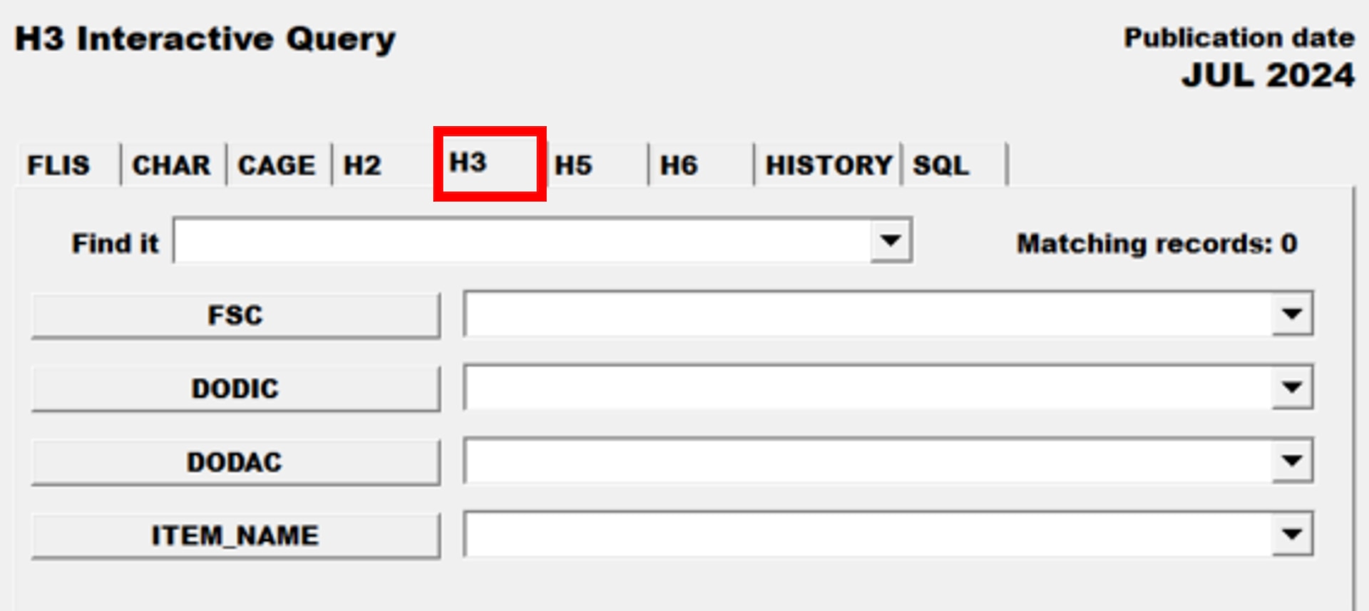 Pub Log FLIS screenshot of H3 Interactive Query tab able to search for a specific National Stock Number item.