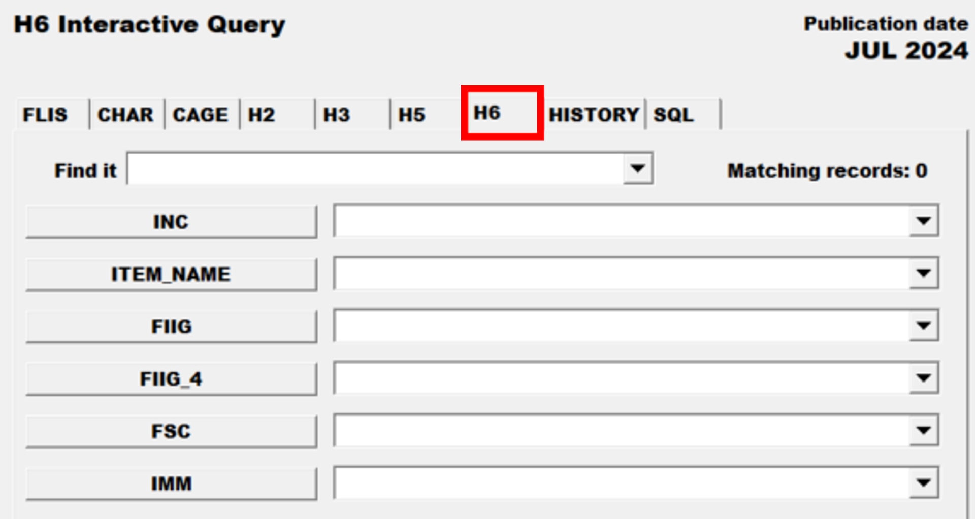 Pub Log FLIS screenshot of H6 Interactive Query tab able to search for a specific National Stock Number item.