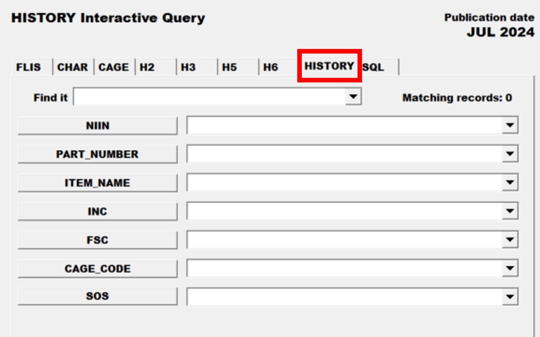 Pub Log FLIS screenshot of History Interactive Query tab able to search for a specific inactive National Stock Number item.