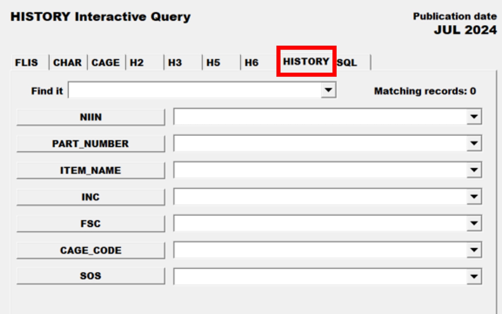Pub Log FLIS screenshot of History Interactive Query tab able to search for a specific inactive National Stock Number item.