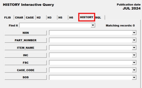 Pub Log FLIS screenshot of History Interactive Query tab able to search for a specific inactive National Stock Number item.