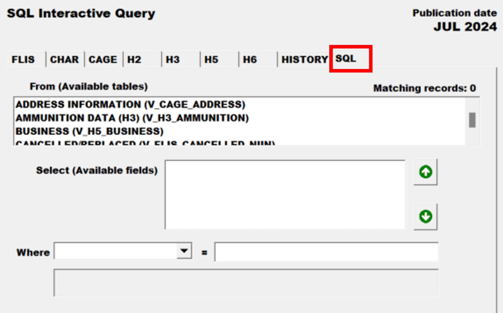 Pub Log FLIS screenshot of SQL Interactive Query tab able to search for a specific National Stock Number item.