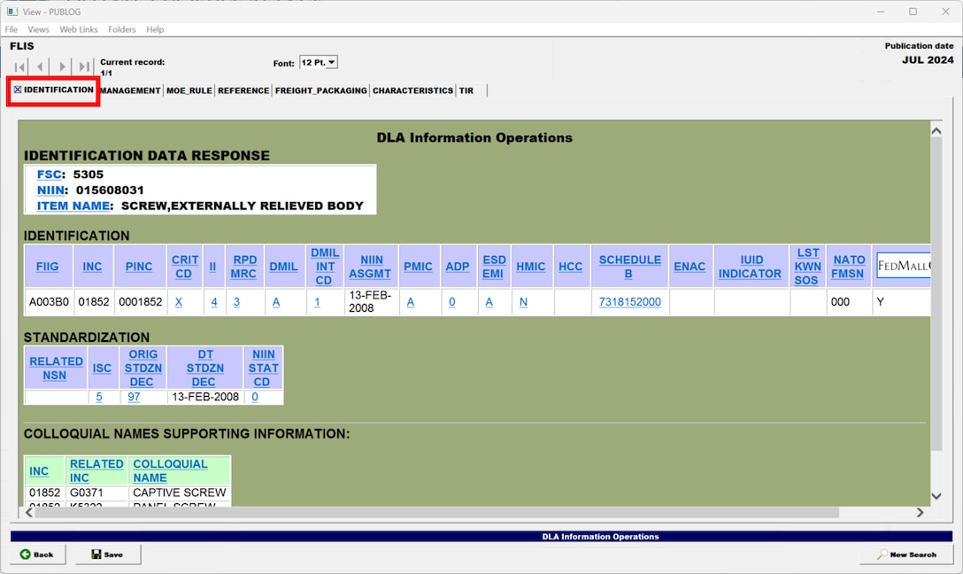 Pub Log FLIS screenshot of Identification tab filtered information on a National Stock Number item.