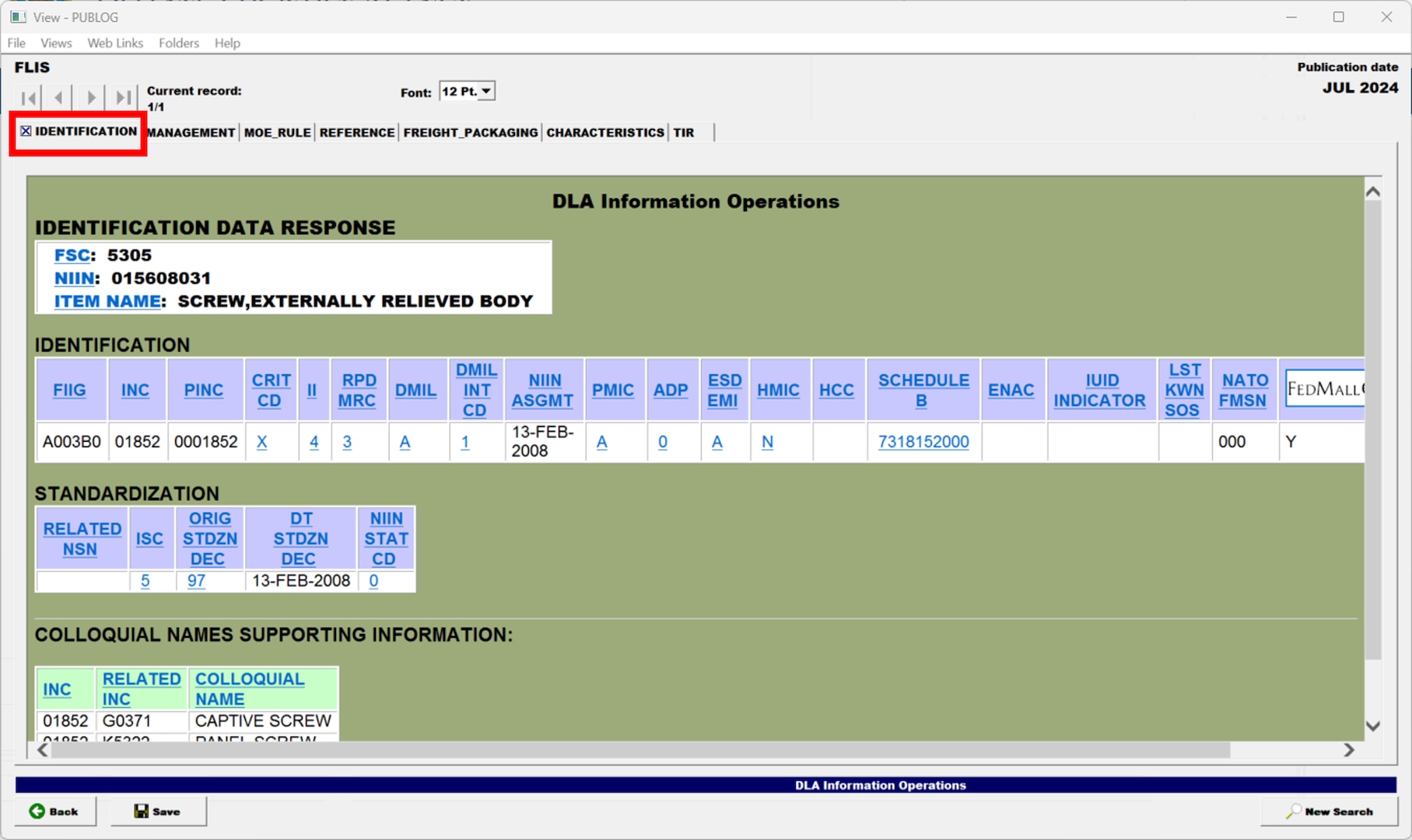 Pub Log FLIS screenshot of Identification tab filtered information on a National Stock Number item.
