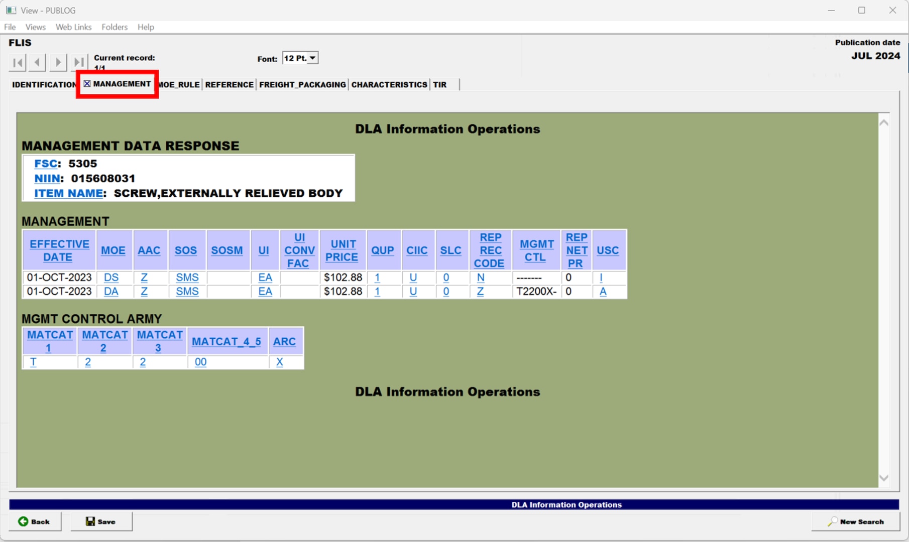 Pub Log FLIS screenshot of Management tab filtered information on a National Stock Number item.
