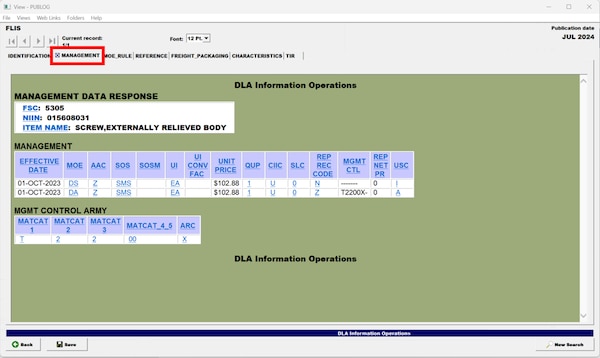 Pub Log FLIS screenshot of Management tab filtered information on a National Stock Number item.