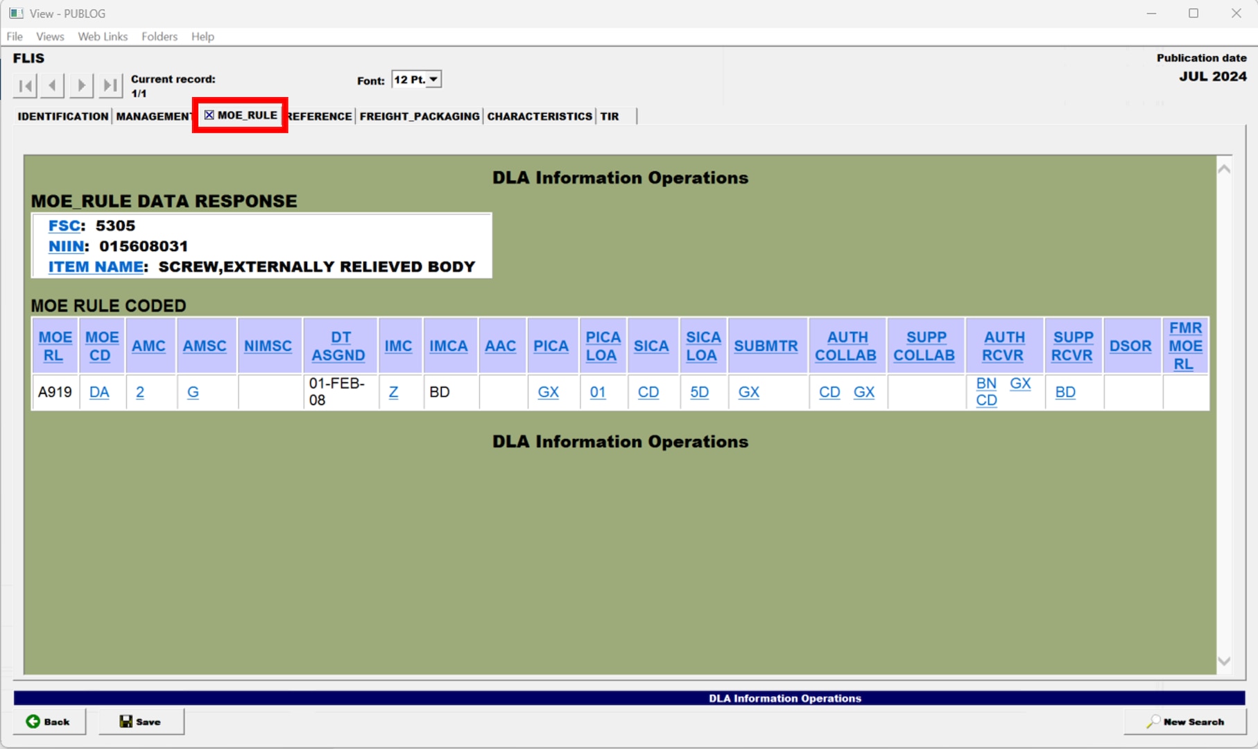 Pub Log FLIS screenshot of MOE RULE tab filtered information on a National Stock Number item.