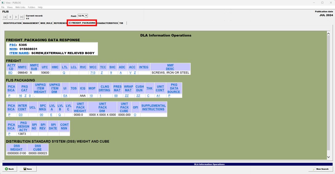 Pub Log FLIS screenshot of Freight and Packaging filtered information on a National Stock Number item.
