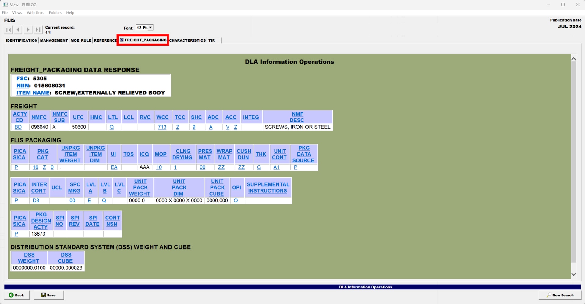 Pub Log FLIS screenshot of Freight and Packaging filtered information on a National Stock Number item.