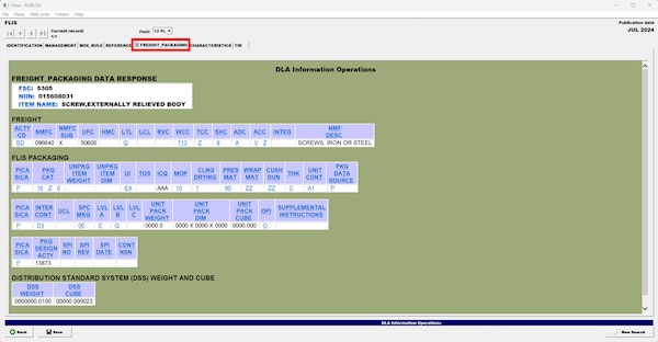 Pub Log FLIS screenshot of Freight and Packaging filtered information on a National Stock Number item.