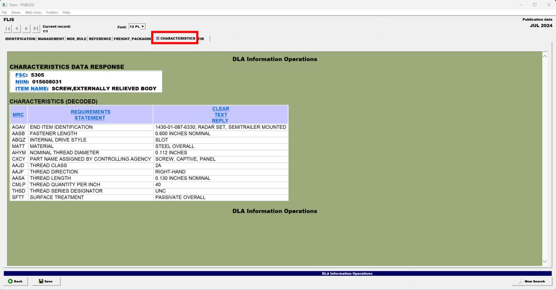 Pub Log FLIS screenshot of Characteristics filtered information on a National Stock Number item.