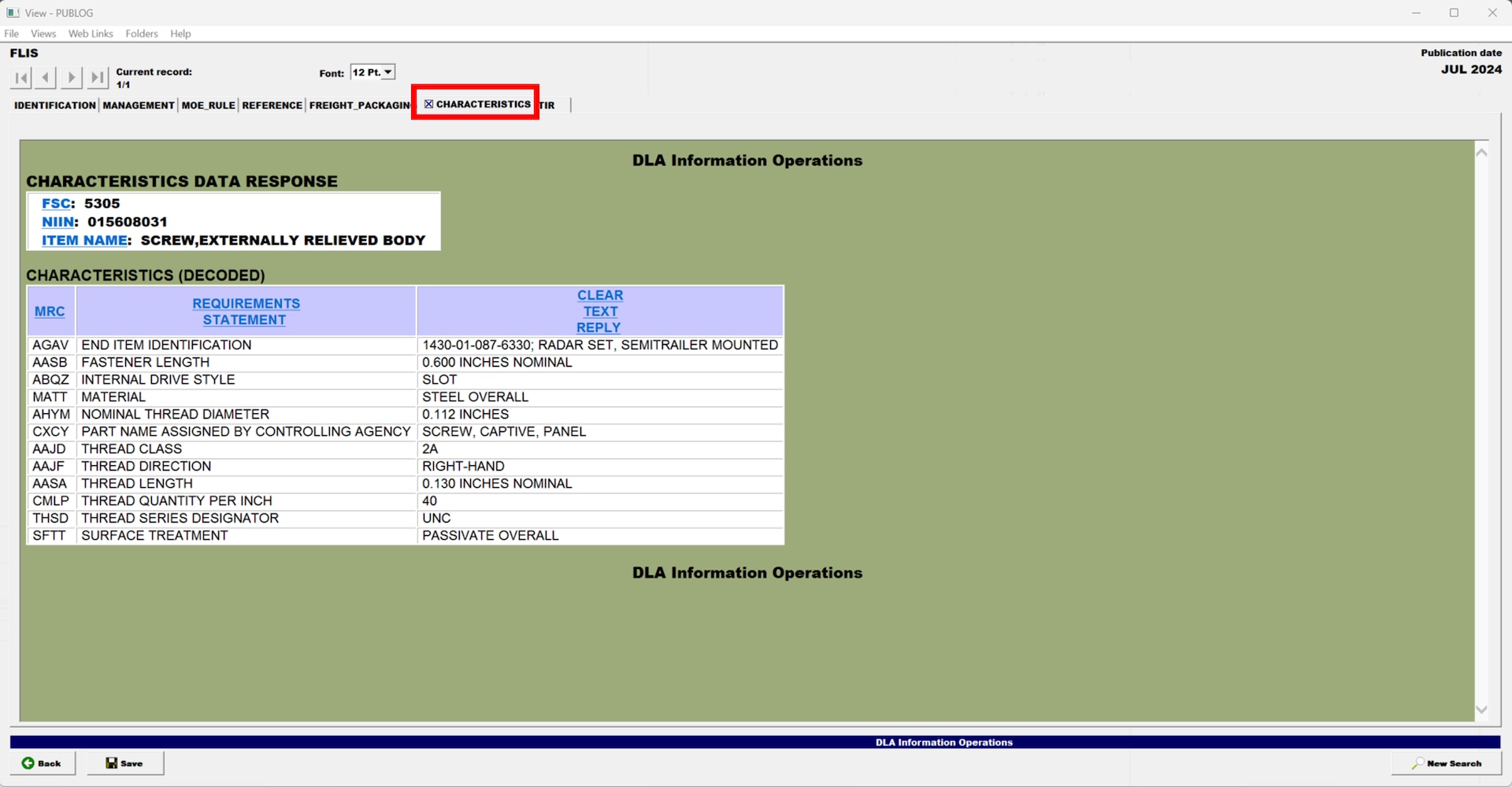 Pub Log FLIS screenshot of Characteristics filtered information on a National Stock Number item.