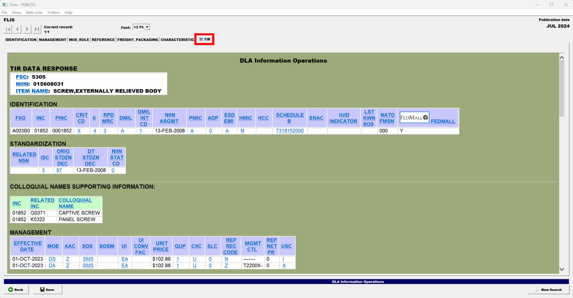 Pub Log FLIS screenshot of TIR (Total Item Record) filtered information on a National Stock Number item.