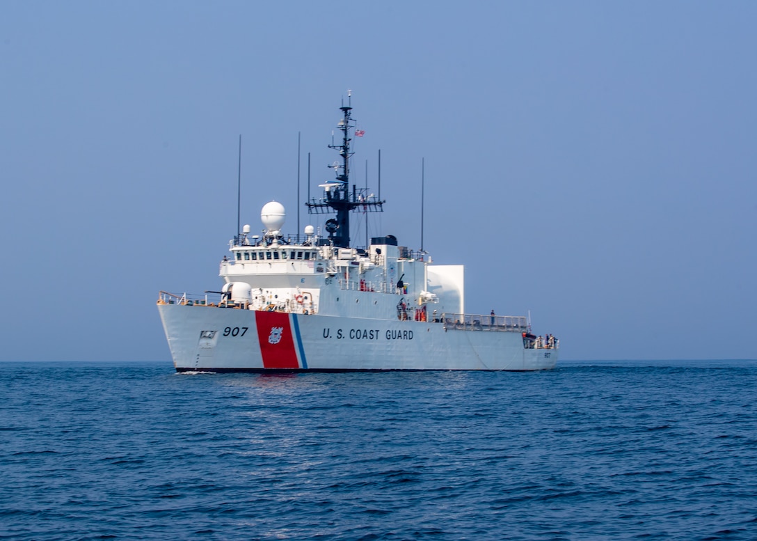 Coast Guard Cutter Escanaba (WMEC 907) sails in the Atlantic Ocean, June 27, 2021. Escanaba is a 270-foot Famous-class cutter with a crew of around 100 conducting many of the sevice's missions with an emphasis on law enforcement and security. (U.S. Coast Guard photo by Mass Communication Specialist 3rd Class Dyxan Williams.)