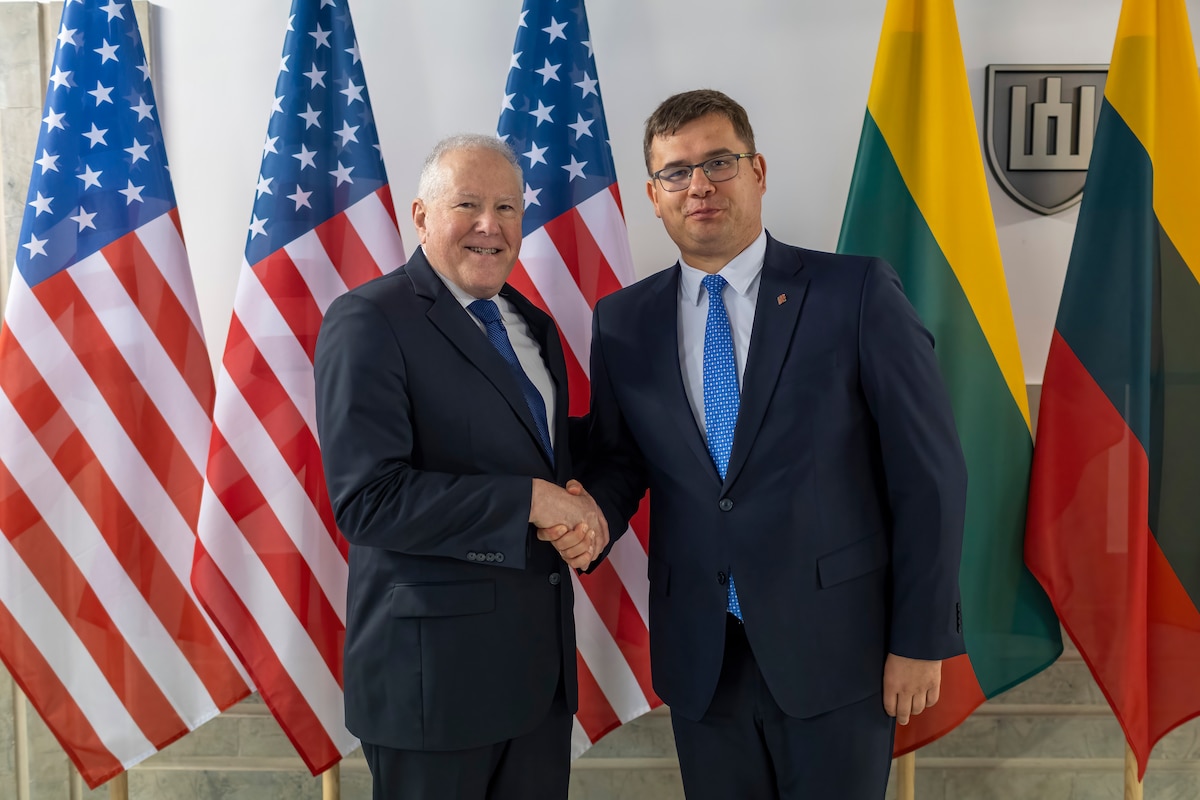 Secretary of the Air Force Frank Kendall meets with Lithuatnian Minister of National Defense Laurynas Kasčiūnas international partnerships in the U.S. European Command area of responsibility from Aug. 19-25, 2024. The trip consisted of engagements with senior leaders in Belgium, Sweden, Lithuania, Latvia, Finland, Estonia and Poland to reinforce the indispensable alliances that ensure security in the region. (Courtesy photo)