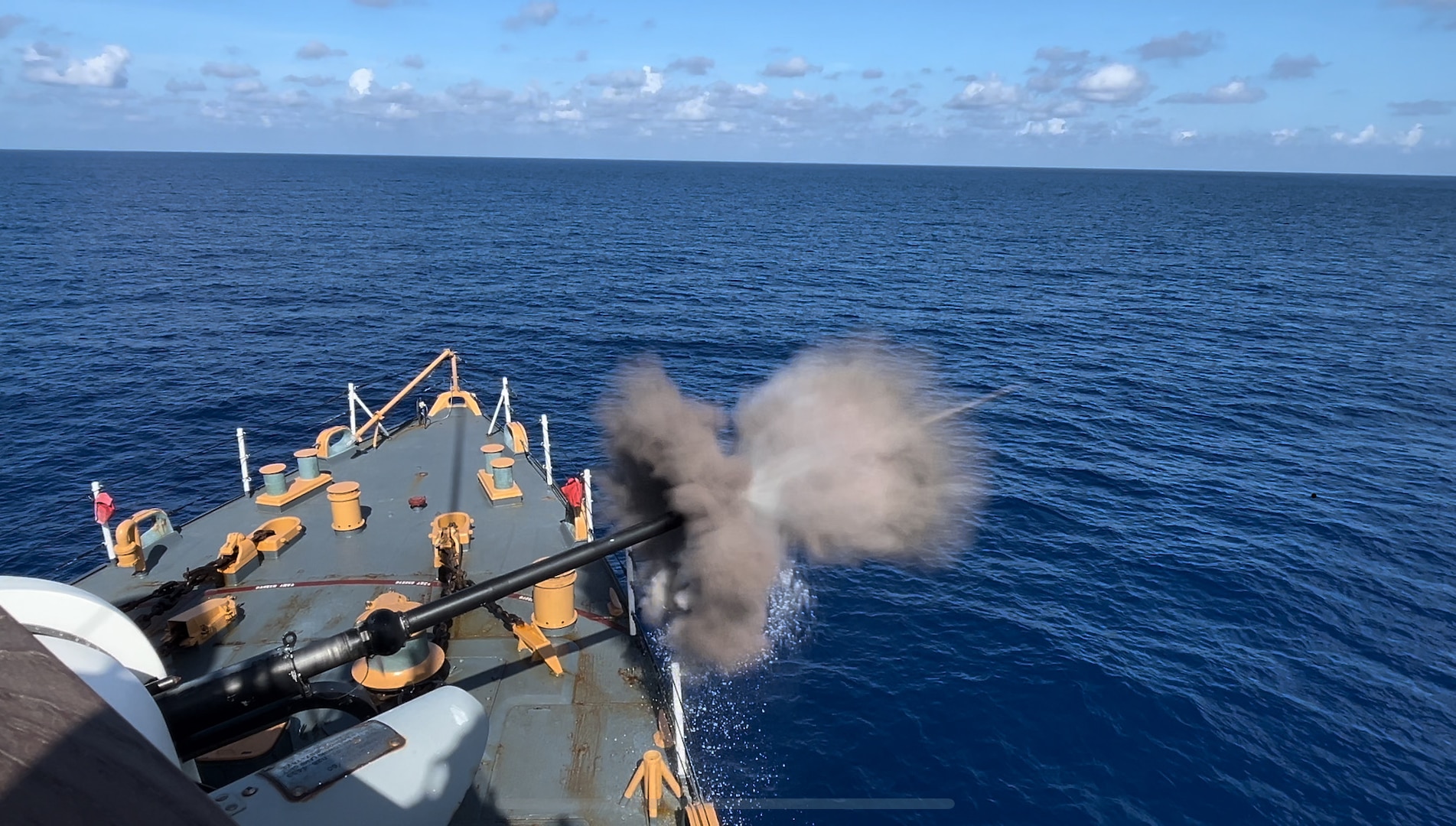 Coast Guard Cutter Campbell (WMEC 907) crew members conduct a gunnery exercise utilizing the cutter's Mk 75 76 mm gun, July 19, 2024, while at sea. Escanaba's crew carried out a 46-day counter-drug patrol in the Eastern Pacific Ocean. (U.S. Coast Guard photo by Lt. Briana Buderus)