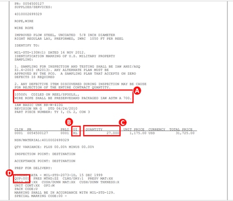 Example of Unit of Issue, Quantity per Unit Pack, and Unit of Measure in section B of an awards continuation page with: A. 1050ft Coiled on Reel/Spools; B. Unit of Issue is RL; C. Quantity is 27 units of Reel/Spool; and D. Quantity per Unit Pack (QUP) is 001.