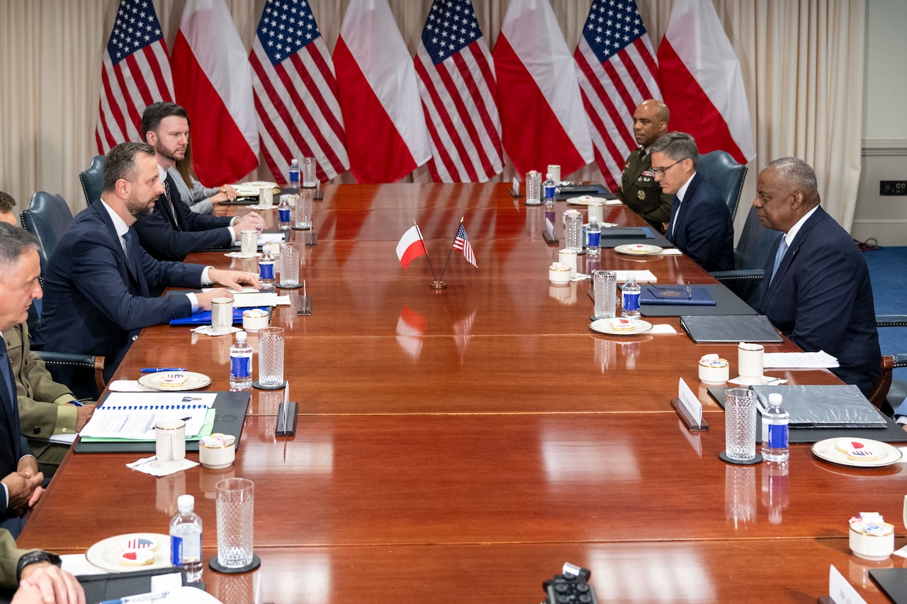 Several people in business attire sit around a rectangular table with U.S. and Polish flags in the background.
