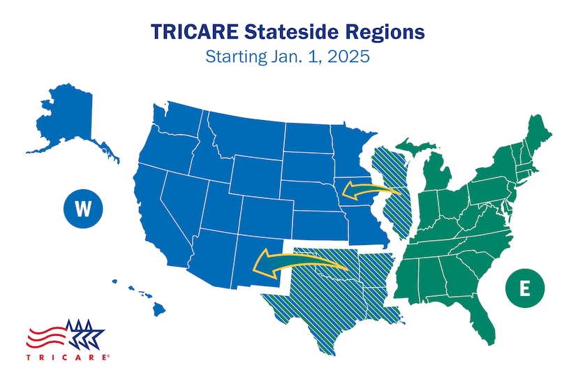 Map of the United States. West Region is highlighted in blue, while East Region is highlighted in green. Six states (Arkansas, Illinois, Louisiana, Oklahoma, Texas, and Wisconsin) are highlighted in blue/green with arrows moving them from the East to the West.