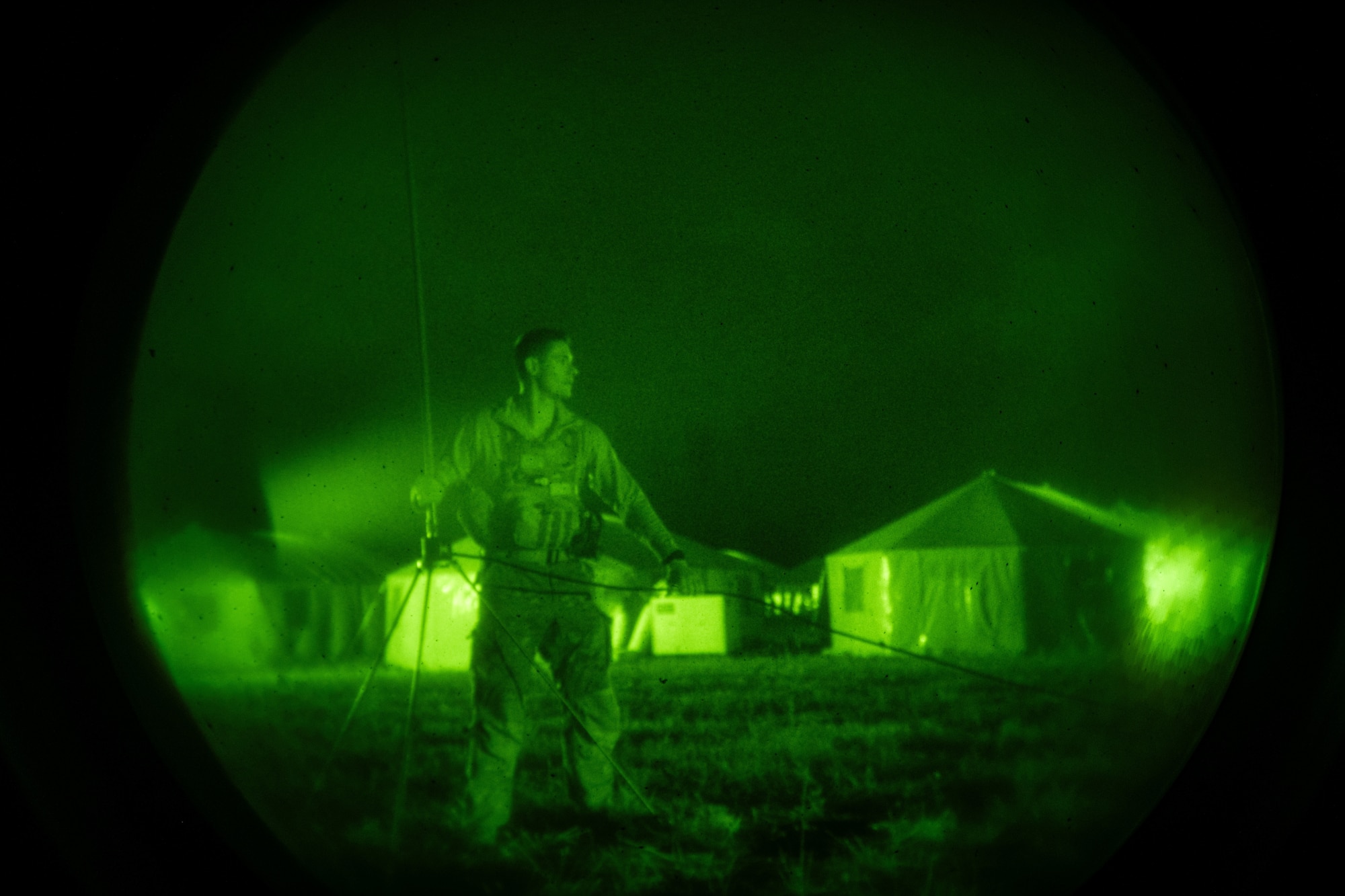 U.S. Air Force 2nd Lt. Jake Moultrie, 23rd Air Expeditionary Wing expeditionary communications officer in charge, sets up communications for 338th Fighter Wing crew chiefs at during Exercise Agile Flag 24-3 in Santa Maria, California, Aug. 4, 2024. AGILE FLAG 24-3 is an Air Combat Command certification exercise that tested the 23rd Wing’s ability to generate combat air power while continuing to move, maneuver, and sustain wing and subordinate force elements in a dynamic and contested environment. (U.S. Air Force photo by 2nd Lt. Benjamin Williams)