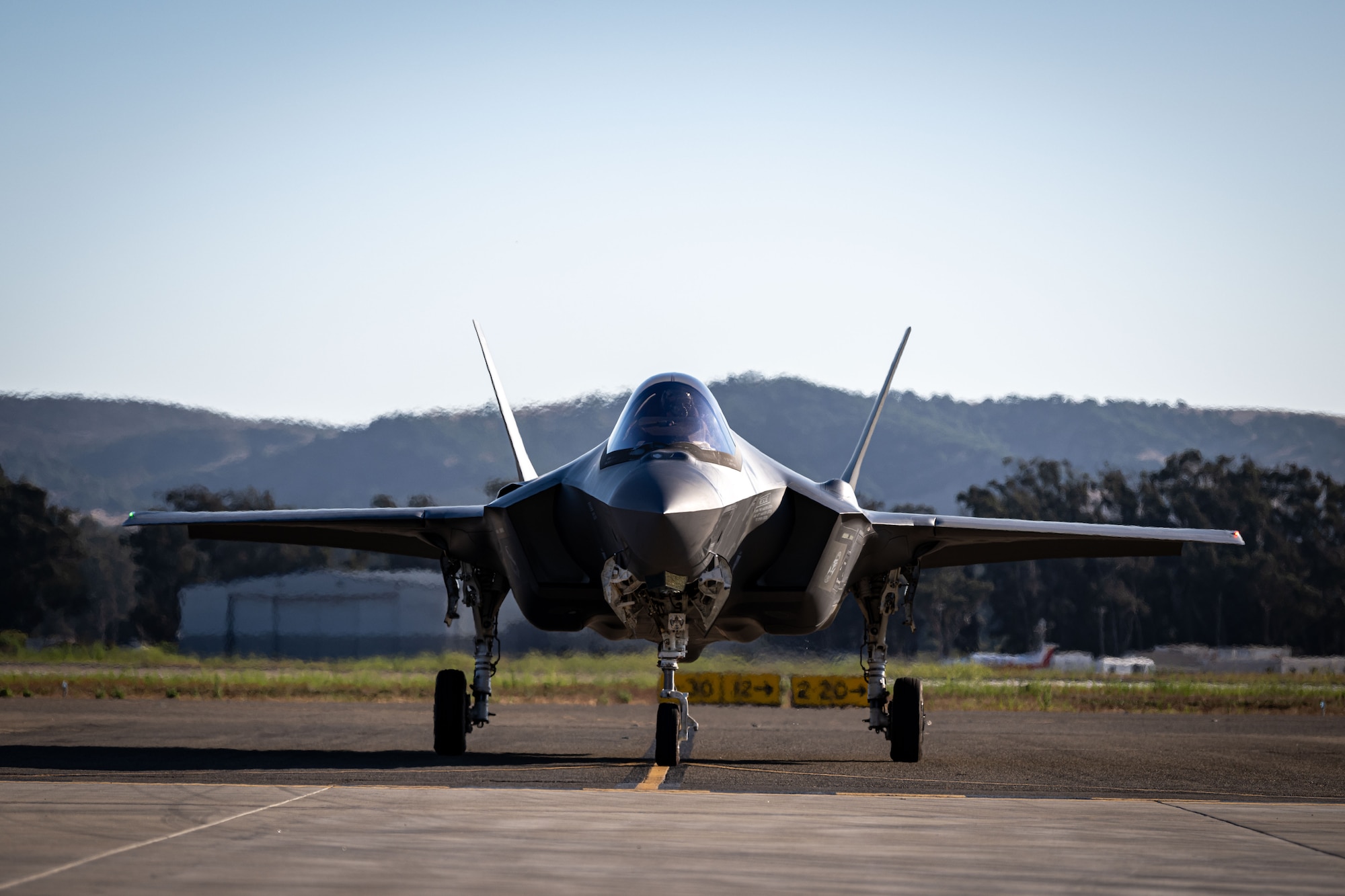 A U.S. Air Force F-35A Lightning II taxis down a runway at Santa Maria, California, during Exercise Agile Flag 24-3, Aug. 5, 2024. AGILE FLAG 24-3 is an Air Combat Command certification exercise that tested the 23rd Wing’s ability to generate combat air power while continuing to move, maneuver, and sustain wing and subordinate force elements in a dynamic and contested environment. (U.S. Air Force photo by 2nd Lt. Benjamin Williams)