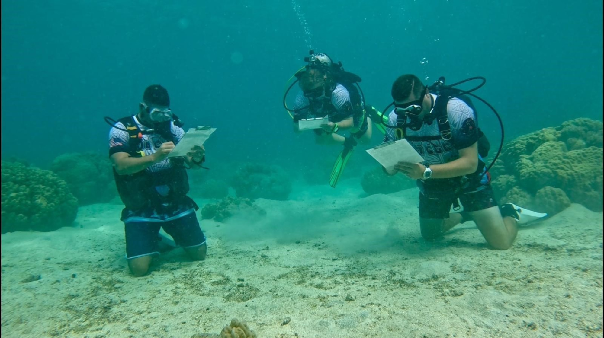 Image of individuals underwater performing air force operations.